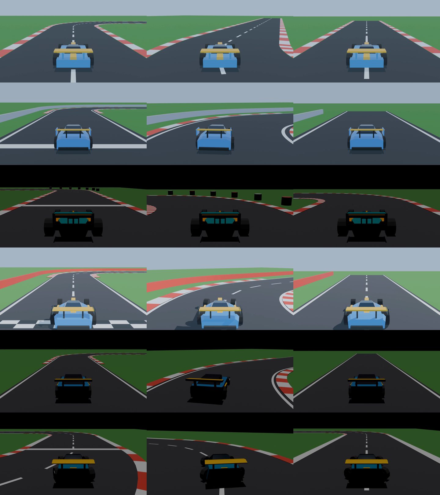 Frames from the 6 first racing-scene runs: low-poly race cars on circuits, seen from a chase camera