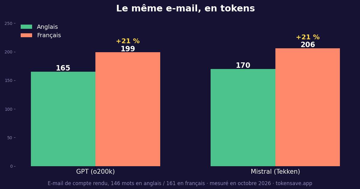 Le même e-mail coûte 21 % de tokens en plus en français