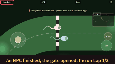Reproduction GIF: an NPC finishes its laps, the gate opens, and my sperm, still on Lap 1/3, goes through and finishes 1st