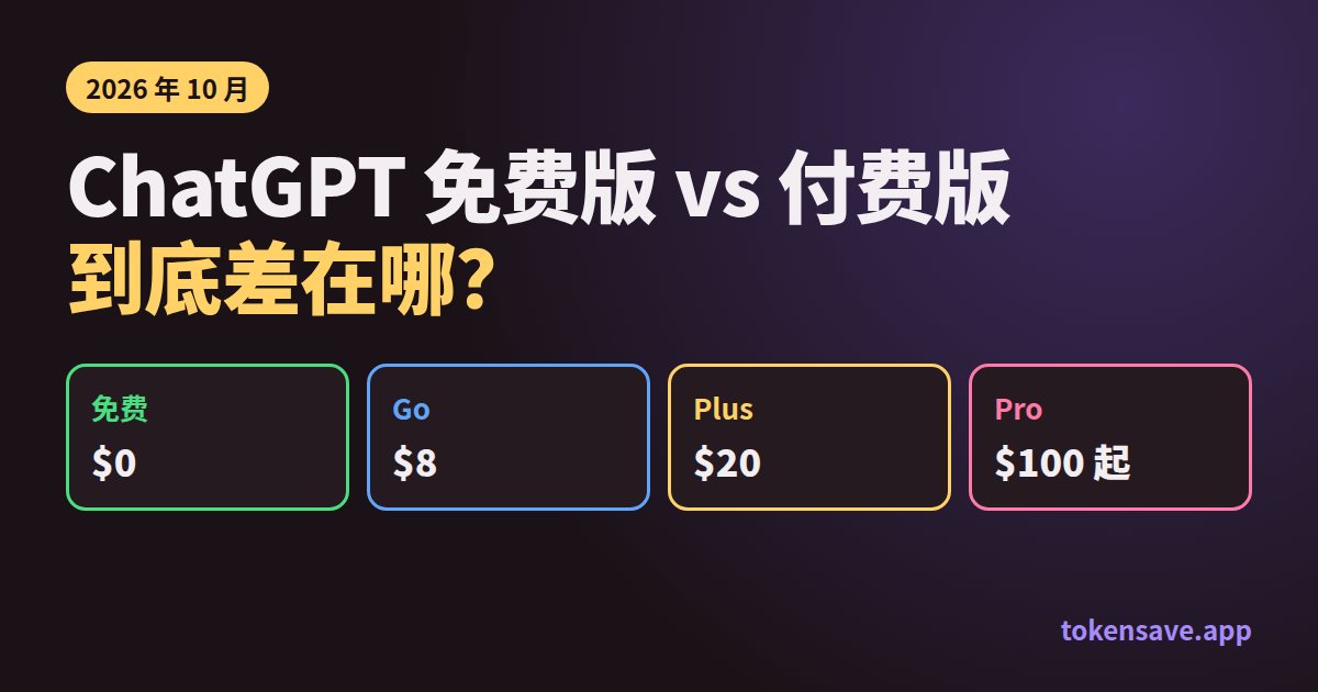 ChatGPT 免费版和付费版区别 2026:免费 $0、Go $8、Plus $20、Pro $100 起