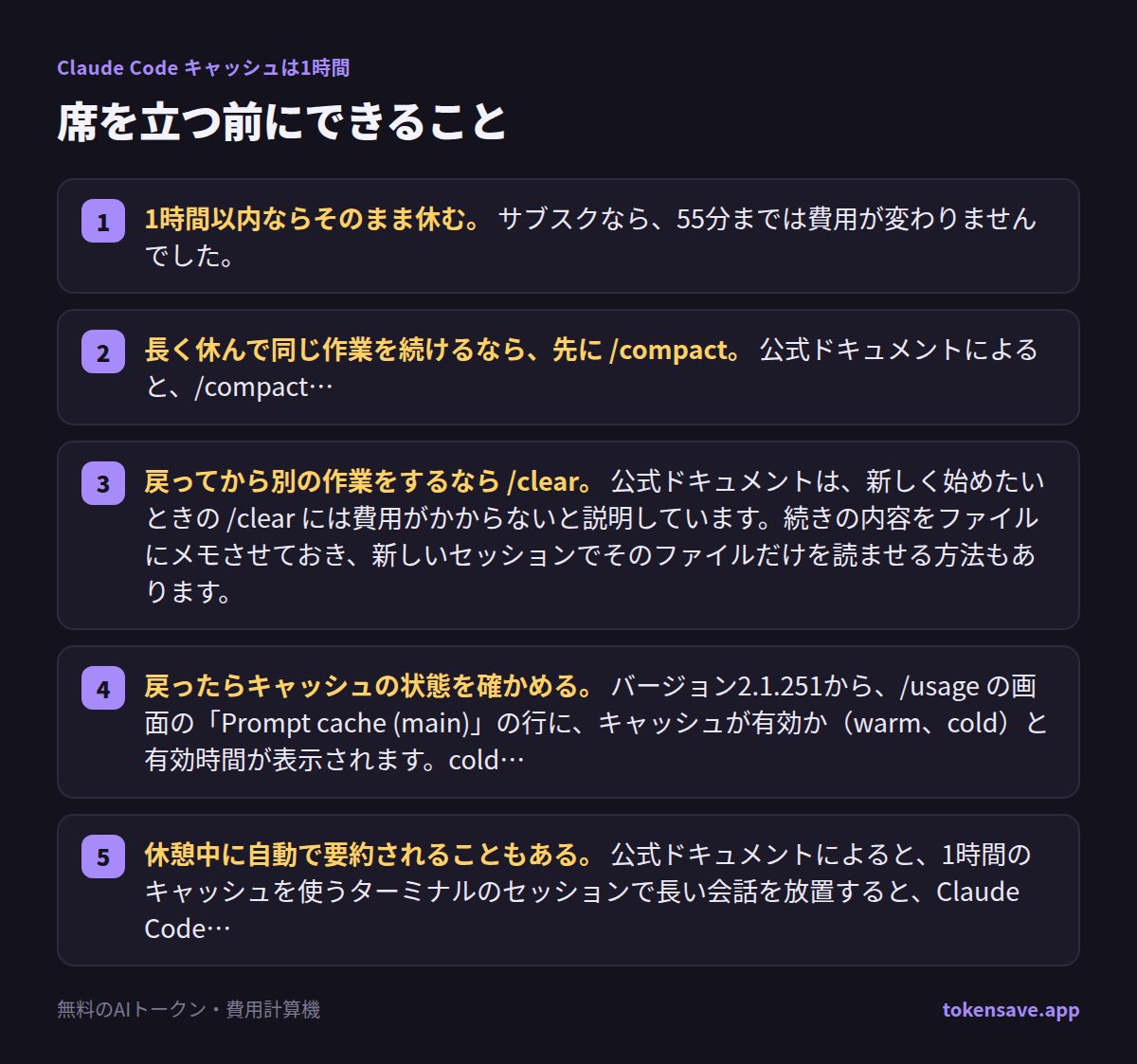 席を立つ前にできること: 1時間以内ならそのまま休む。 サブスクなら、55分までは費用が変わりませんでした。; 長く休んで同じ作業を続けるなら、先に /compact。 公式ドキュメントによると、/compact はキャッシュが有効なうちなら会話
