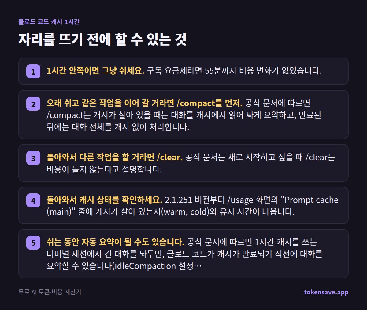 자리를 뜨기 전에 할 수 있는 것: 1시간 안쪽이면 그냥 쉬세요. 구독 요금제라면 55분까지 비용 변화가 없었습니다.; 오래 쉬고 같은 작업을 이어 갈 거라면 /compact를 먼저. 공식 문서에 따르면 /compact는 캐시가 살아