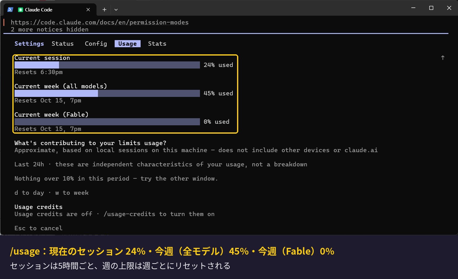 Claude Code の /usage 画面。現在のセッション24%、今週45%、Fable 0%