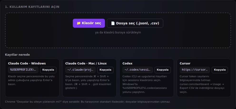 Dosya seçme ekranı ve Claude Code, Codex, Cursor kayıtlarının yeri
