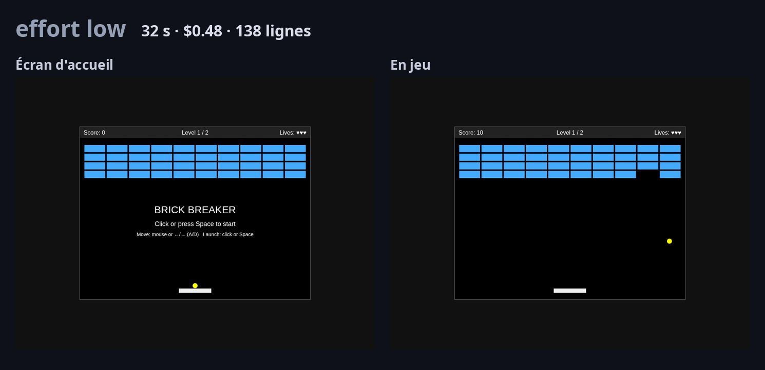 Écran d'accueil et partie du jeu créé avec l'effort low