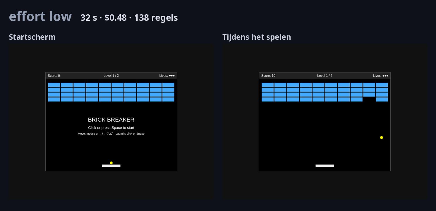Startscherm en gameplay van het spel gebouwd op effort low