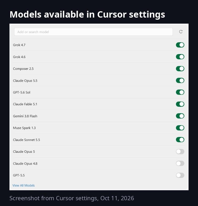 Cursor の設定で使えるモデル一覧:Claude Opus 5.5、Sonnet 5.5、GPT-5.6 Sol、Gemini 3.8 Flash、Grok など