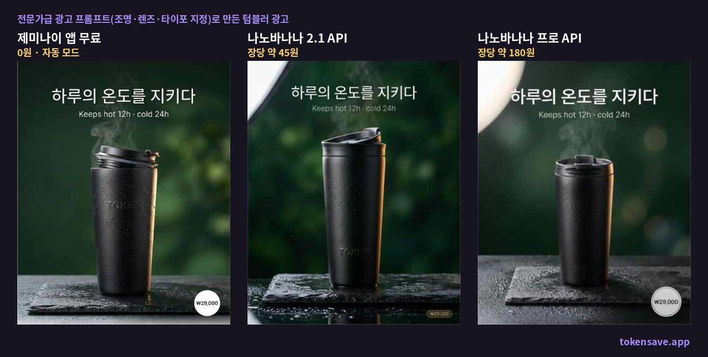 조명·렌즈·타이포그래피까지 지정한 텀블러 광고 프롬프트로 만든 제미나이 무료, 나노바나나 2.1, 프로 결과 비교