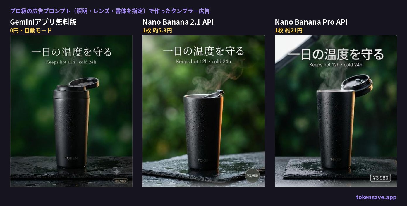 照明・レンズ・書体まで指定したタンブラー広告のプロンプトで作った Gemini 無料版、Nano Banana 2.1、Pro の比較