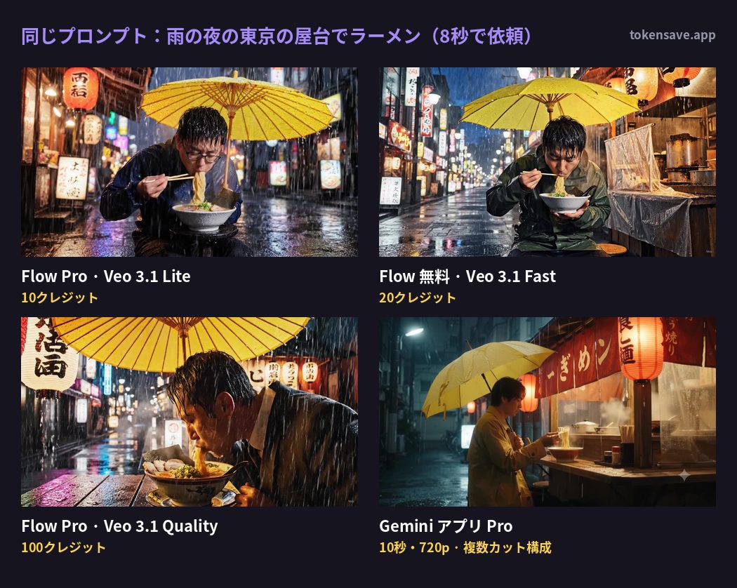 同じプロンプトで作った Flow 無料版の Lite・Fast、Pro アカウントの Quality、Gemini アプリ Pro の結果比較