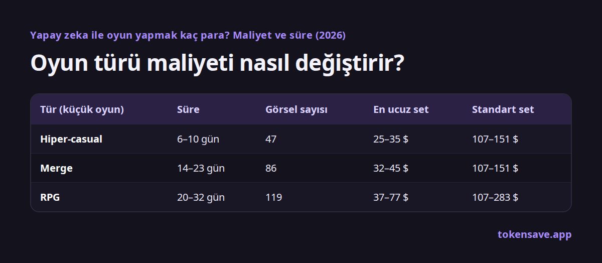Oyun türü maliyeti nasıl değiştirir?: Tür (küçük oyun), Süre, Görsel sayısı, En ucuz set, Standart set